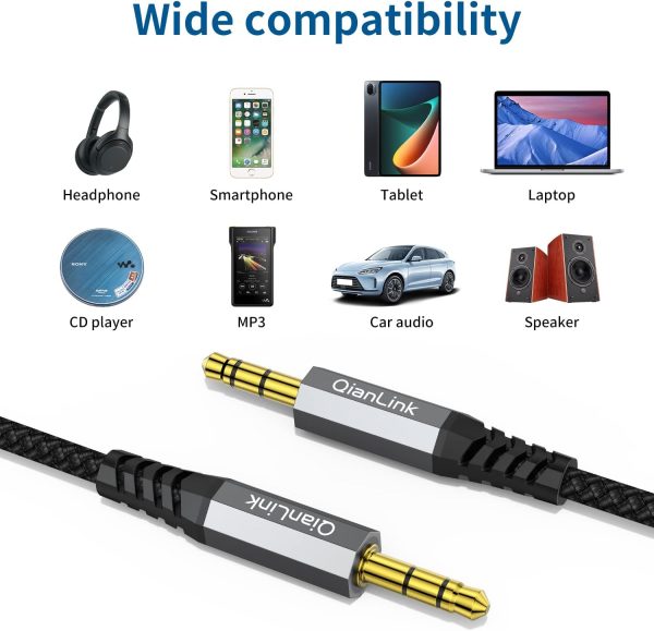 2 Pack AUX Cable, (6.6ft/2m, Hi-Fi Sound) 3.5mm TRS Auxiliary Audio Cable Nylon Braided Cord Compatible with Car,Home Stereos,Speaker,iPod iPad,Headphones,Sony,Echo Dot,Beats (Grey) - Image 6