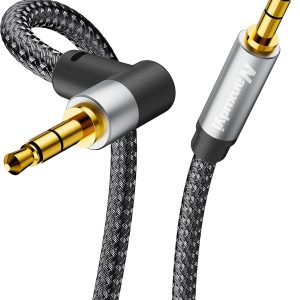 3.5mm Audio Cable 6ft/1.8M, Stereo Aux 3.5mm to 3.5mm Cable 90 Degree Long Aux Cable Aux 3.5mm Male to Male Right Angle TRS Cable Compatible for Headphone,Tablets, Speakers, 24K Gold Plated
