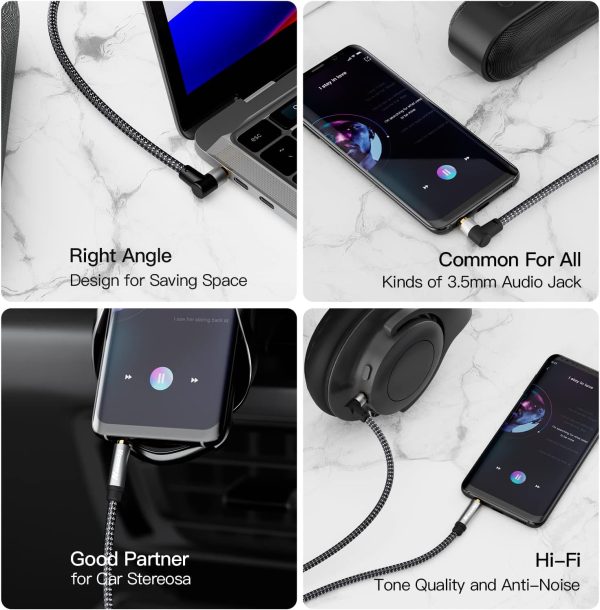3.5mm Audio Cable 6ft/1.8M, Stereo Aux 3.5mm to 3.5mm Cable 90 Degree Long Aux Cable Aux 3.5mm Male to Male Right Angle TRS Cable Compatible for Headphone,Tablets, Speakers, 24K Gold Plated - Image 4