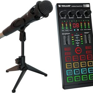 Podcast Equipment Bundle, All-in-One Audio Interface DJ Mixer with E300S Microphone, Mic Stand, Monitor Earphone, Voice Changer,With KB11 Sound card for PC/Laptop/Phone, Streaming/Podcasting/Recording