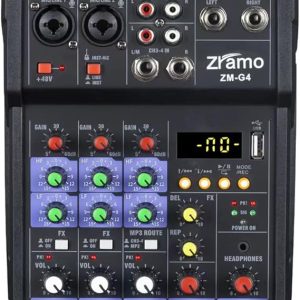Audio DJ Mixer 4 Channel Studio Karaoke Mixing Console with Bluetooth USB and 48V Phantom power For Studio Karaoke PC Live Performance KTV Home Stage Music Effects