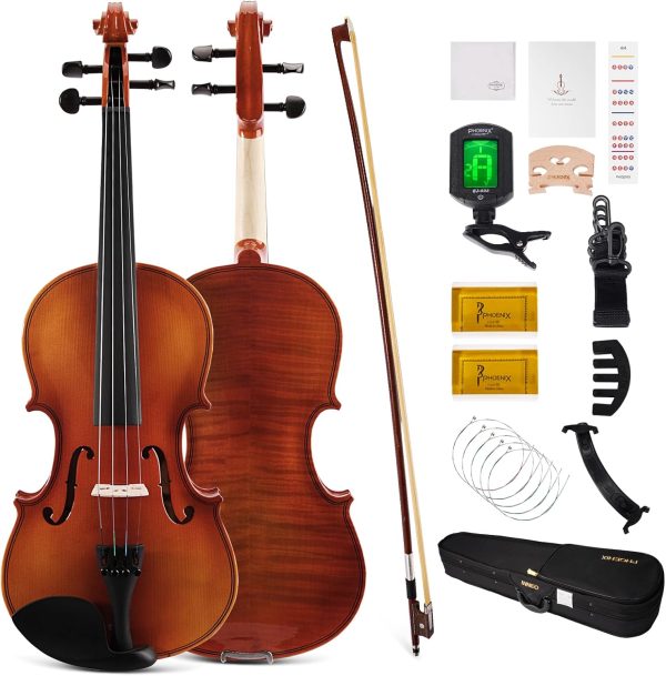 PHOENIX Violin 4/4 Full Size Kit, Violin Fiddle Set for Beginner Adults Student with Rosewood Bow, Extra Strings & Bridge, 2 Rosins, Tuner, Case, Mute, Fingerboard Stickers, Shoulder Rest (Full)