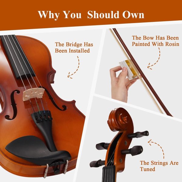 PHOENIX Violin 4/4 Full Size Kit, Violin Fiddle Set for Beginner Adults Student with Rosewood Bow, Extra Strings & Bridge, 2 Rosins, Tuner, Case, Mute, Fingerboard Stickers, Shoulder Rest (Full) - Image 3