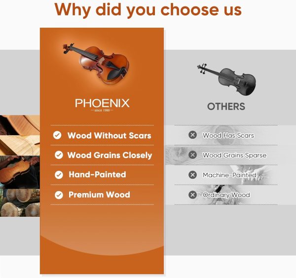 PHOENIX Violin 4/4 Full Size Kit, Violin Fiddle Set for Beginner Adults Student with Rosewood Bow, Extra Strings & Bridge, 2 Rosins, Tuner, Case, Mute, Fingerboard Stickers, Shoulder Rest (Full) - Image 5