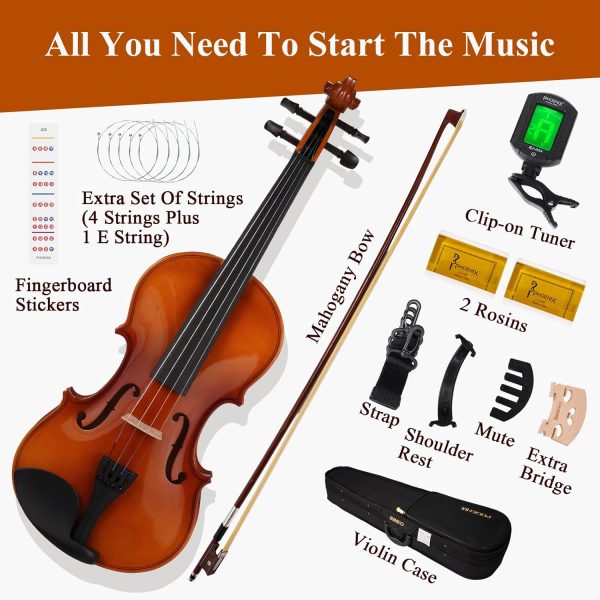 PHOENIX Violin 4/4 Full Size Kit, Violin Fiddle Set for Beginner Adults Student with Rosewood Bow, Extra Strings & Bridge, 2 Rosins, Tuner, Case, Mute, Fingerboard Stickers, Shoulder Rest (Full) - Image 6